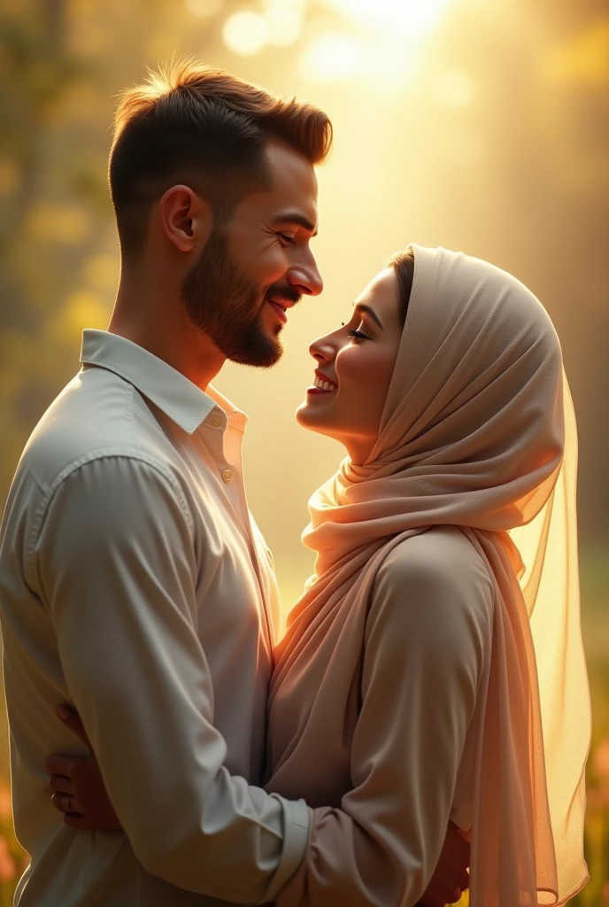 /imagine prompt : A tanned boy with short hair without a mustache and beard holding hands with a beautiful white woman wearing a hijab. They laughed happily in the park