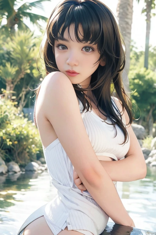 realistic, 1girl, black hair, brown eyes, squatting by the river without clothes, rural natural scenery,