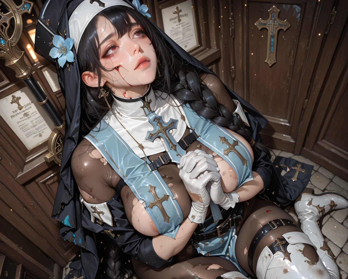 1girl, (nun:1.1), blue hair, messy hair, (braid), young female, ??????, rolling eyes, (forced down by a kidnapper:1.5), ???????????, black thighhighs, long pleated skirt with slits, torn clothes, (veil:1.1), ???? ???????, BreastsApart, showing her face