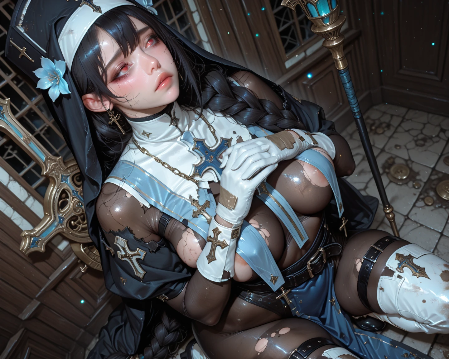 1girl, (nun:1.1), blue hair, messy hair, (braid), young female, ahegao, rolling eyes, (in pornographic movie set:1.5), spread legs, black thighhighs, long pleated skirt with slits, torn clothes, (veil:1.1), bare breasts, BreastsApart, showing her face