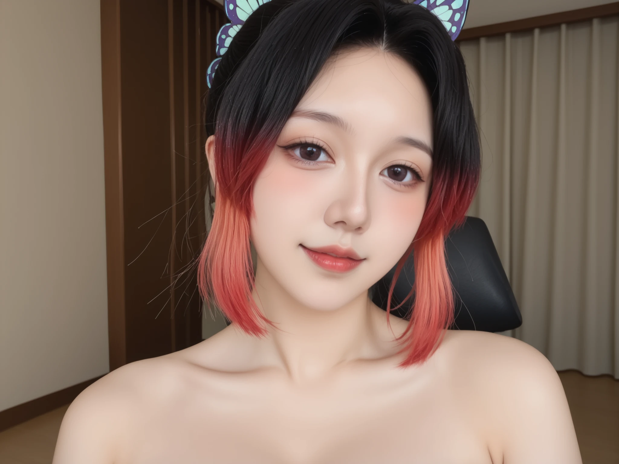 score_9, score_8_acima, score_7_acima, fonte_anime, shinobukochou, Shinobu Kochou naked , cabelo preto, borboleta, butterfly hair ornament, detalhada, gradient hair, enfeite de cabelo, multicolored hair, franja repartida, Cabelo Roxo, cabelo curto, cabelo bicolor, toalmene na , mosrando a buceta, mostrando os seios, seios pequenos, suor, suory, suory:1.3, blush no nariz, seios pequenos, quadril largo, coxas grossas, looking at the viewer, quarto, sentado, na cama, pele real,textura da pele,detailed body features, adult content