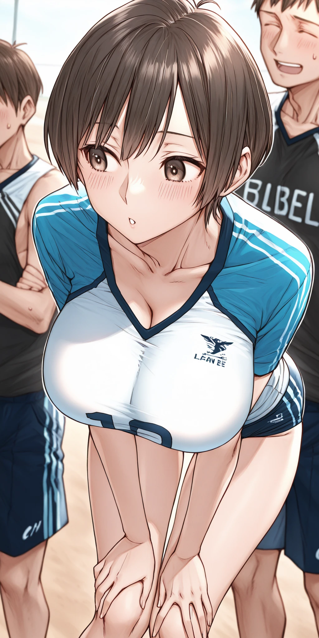 「highest quality、masterpiece、An illustration、very delicate and beautiful、very detailed、cg、8k wallpaper、wonderful、small details、masterpiece、最高の究極の芸術very detailed cg Unity 8k wallpaper」、japanese girl、(((huge breasts 1:1)))、(((Super Big 1:1)))、(((Pee)))、(((that'protruding)))、(((transparent nipples)))、(((huge nipples)))、(((Blue Volleyball Uniform)))、(((brown hair)))、(((short hair)))、(((No sleeve)))