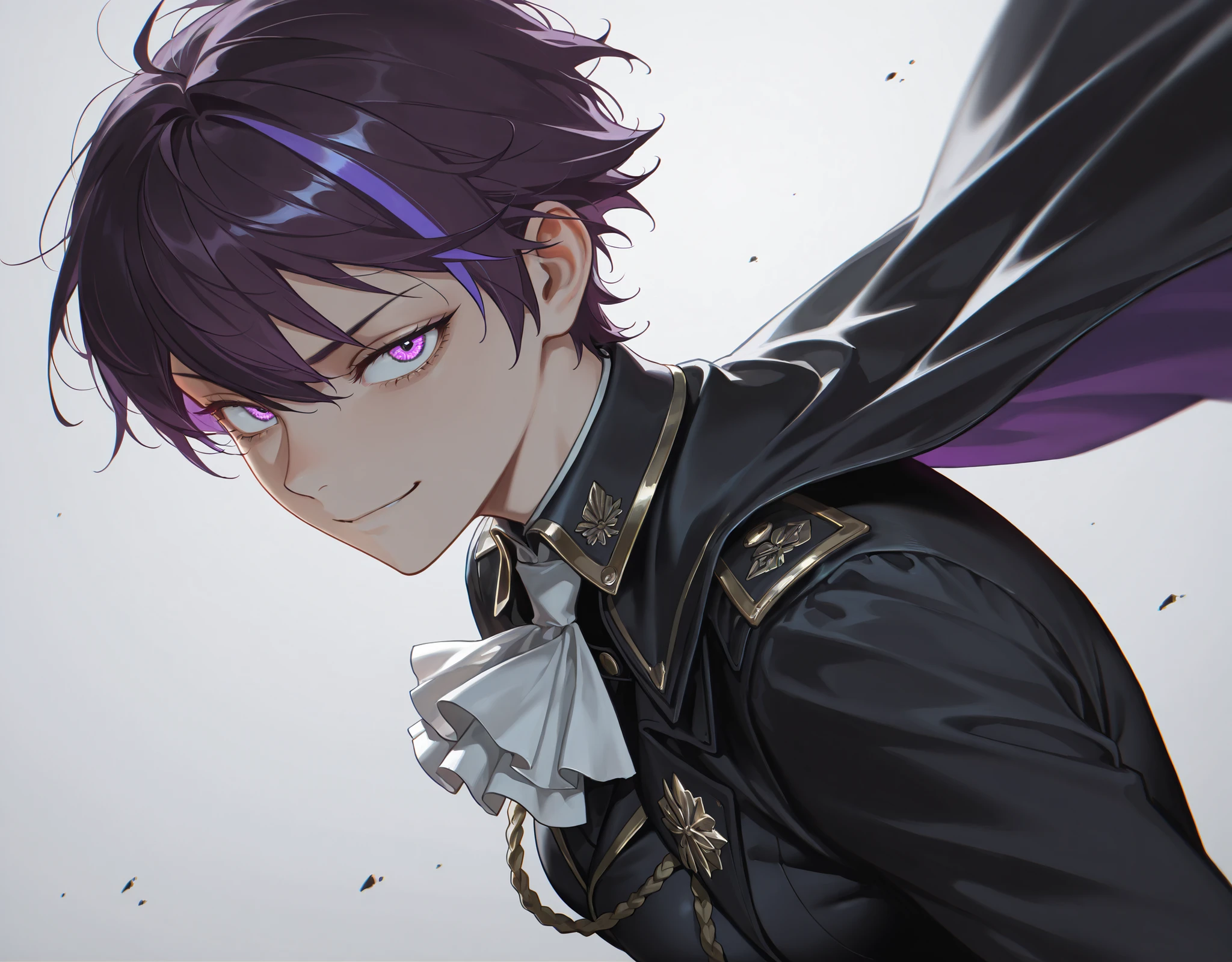 vivianZzz,(face focus, medium shot:1.22), dynamic pose, three quarter shot, looking at viewer, mature, (1girl:0.75), solo, effeminate, tomboy, masterpiece, best quality, amazing quality, very aesthetic, high resolution, ultra-detailed, dramatic lighting, absurdres, purple hair, streaked hair, tomboy hair, smirk, soft gaze, ascot, cape, narrow eyes, gothic lolita clothing, military lolita,