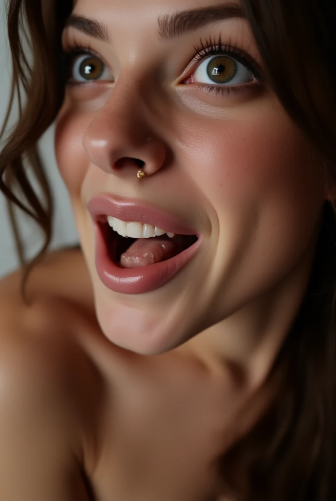 table top,,Awards - Award-winning photos, very detailed, focus the eyes clearly, nose and mouth,face focus, woman with open mouth and closed eyes, nude、35 years old,black haired、symmetrical face,realistic nostrils、angle from below、elongated C-shaped nostrils,,,,,,,,,,,,,,,,,,,,,,,,,,,,,,,,,,,,NSFW,white background、sweaty skin、Lighting that emphasizes the skin that shines with sweat、((hook nose))Skin shiny with sweat、shiny skin、(wet and shiny tongue)
