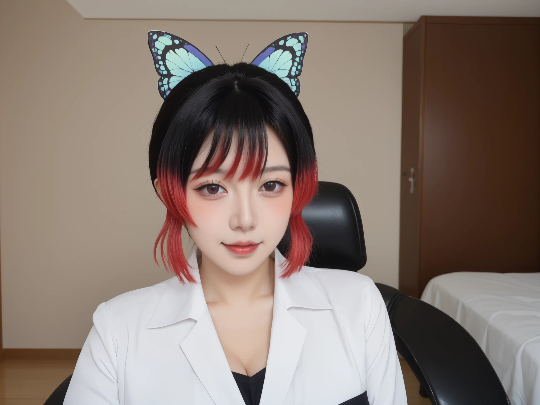 score_9, score_8_acima, score_7_acima, fonte_anime, shinobukochou, Shinobu Kochou naked , cabelo preto, borboleta, butterfly hair ornament,  detalhada, gradient hair, enfeite de cabelo, multicolored hair, franja repartida, Cabelo Roxo, cabelo curto, cabelo bicolor, toalmene na , mosrando a buceta, mostrando os seios, seios pequenos, suor, suory, suory:1.3, blush no nariz, seios pequenos, quadril largo, coxas grossas, looking at the viewer, quarto, sentado, na cama, pele real,textura da pele, mostrando as tetas,  adult content 