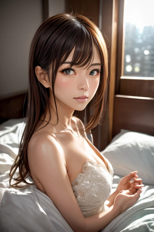 (((Drawing only one woman: 2))), Beautiful high school girl in bra and panties, on the bed in the bedroom, ((Beautiful 16-year-old woman on all fours: 1.8)), ((Shot from the side: 1.8)), (( 1 screen)), 8K, RAW shot, top quality photo, masterpiece, nice realistic photo, ((anatomically correct proportions : 1.5)), ((perfect proportions)), Cute high school girl like a Japanese idol, detailed face, detailed eyes, narrow nose, detailed fingers, detailed arms, detailed skin, detailed legs, (((Short torso:1.1 ))), (( slim style)), (slender waist), ((slender thighs: 1.2))), ((big breasts: 1.5)), small beautiful buttocks, (shiny long hair)