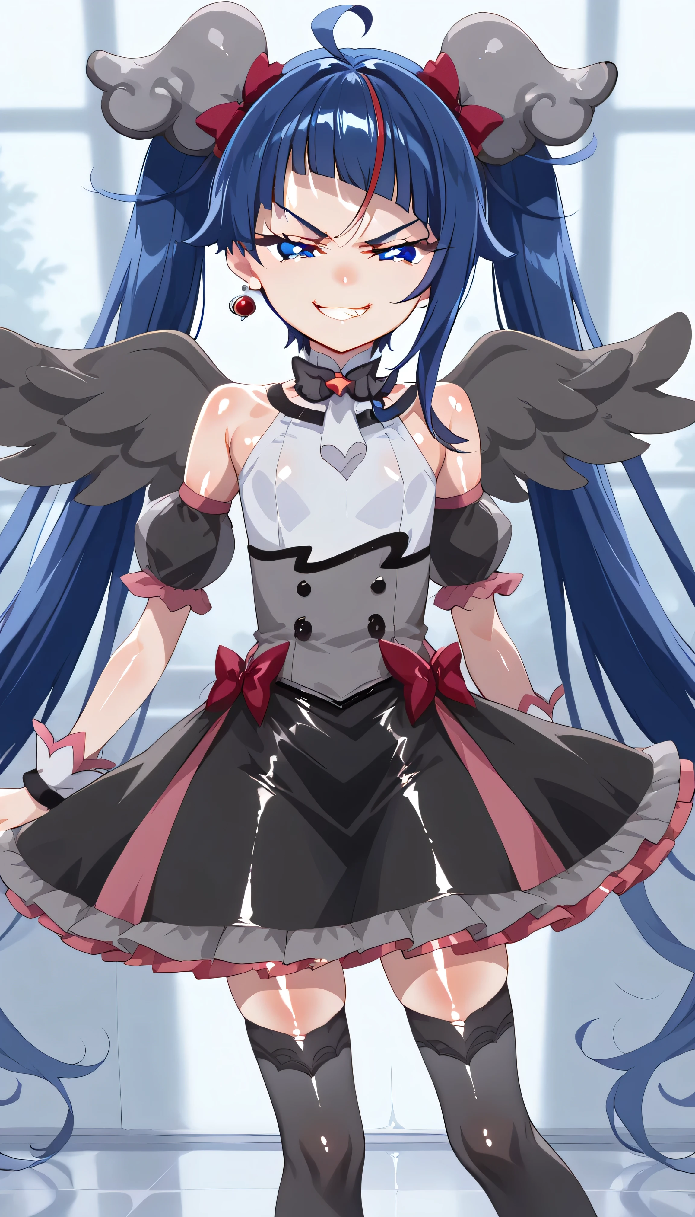 score_9, score_8_up, score_7_up, Source_Anime, official art , Anime screencap, Goddess Magazine , reflective white knee-high stockings on the glass floor , dark cure sky、( Flat-breasted:1.2), , dark blue hair、 twin tails、 , , , Let's play in the Pretty Cure uniform , pleated skirt , ,(Smirk:1.8),obscene, top quality,very detailed images,single,1 girl,(shiny skin nsfw:1.8),