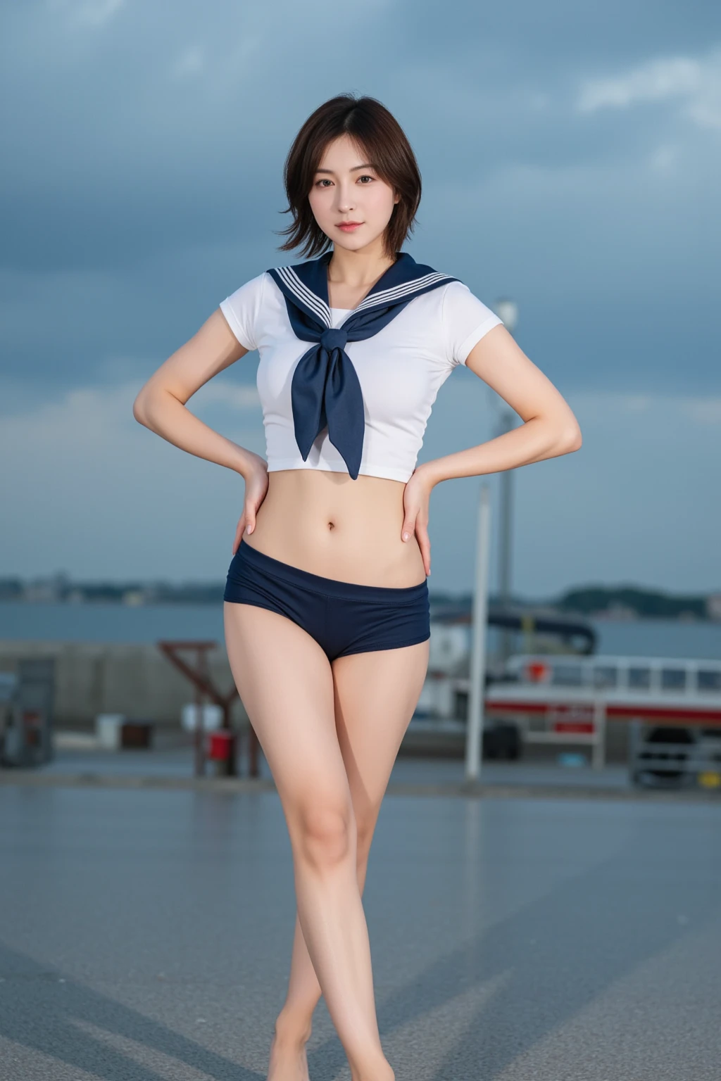 The girl standing in the schoolyard、Just wearing a sailor uniform with just a shirt on、Bikini Panties、Stretch your back、22 years old、bangs、smile a little、thighs、short hair、downward、turn your body towards the viewer、look at the viewer、 not_NSFW