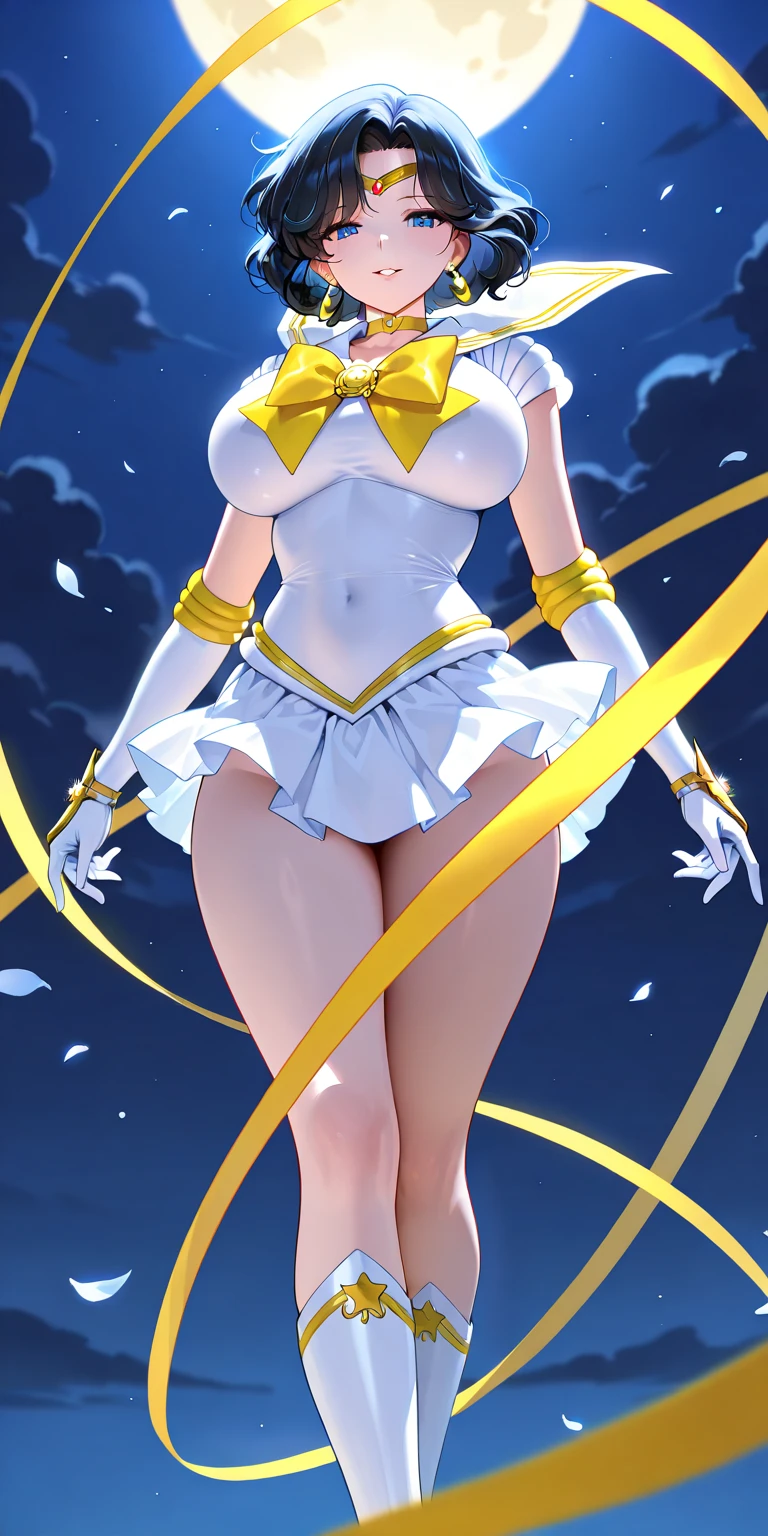 ((masterpiece)). ((best quality)), ((highres)), 1girl, solo, short hair, brown hair, purple eyes, (full body), standing, hands on hip, (sleeveless white and red leotard with yellow accents and star emblem embedded in chest area), (matching white gloves), ((bare legs)), superhero, tokyo city backdrop, matching boots, medium breasts, 20 age,