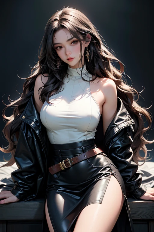 (masterpiece), Highest quality,8 heads of beauty、 One girl, Middle finger, solo, blue eyes, Brown Hair, Long white hair, Medium Breast,Cleavage, Lips parted, Sexy black shirt, gem, View your viewers, Protruding nipples、Earrings, Manicure, Plain shoulders and feng shui、Perfect Arms、Facial features、Sexy