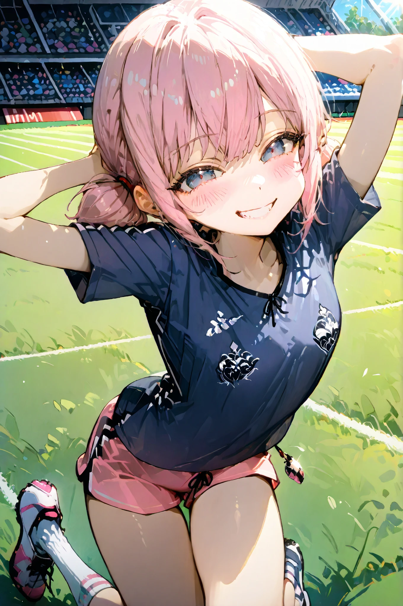 NSFW,Dynamic composition,dutch angle,full body,Focus on legs,{{masterpiece}}, {{{Highest quality}}},{{Very detailed}},1girl,30years old,{Mature Woman}},Female soccer players,{{Sitting on a bench}},{{raise one leg}},{{Loose-fitting shorts:1.6}},shoes,,clavicle,,{{v-shaped eyebrows}},Bad mood,blush,Sweat,raise one's eyebrows　,{{View your viewers}}、 pink long hair,Blunt bangs, open the legs,Soccer fields in the countryside