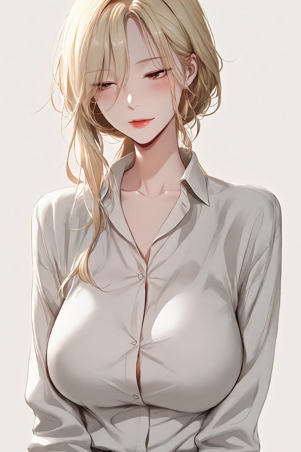 portrait, realistic, elegant mature woman, blue eyes, blonde hair, big breast, transparent shirt, see through nipple, 4k resolution, beautiful cg, soft light