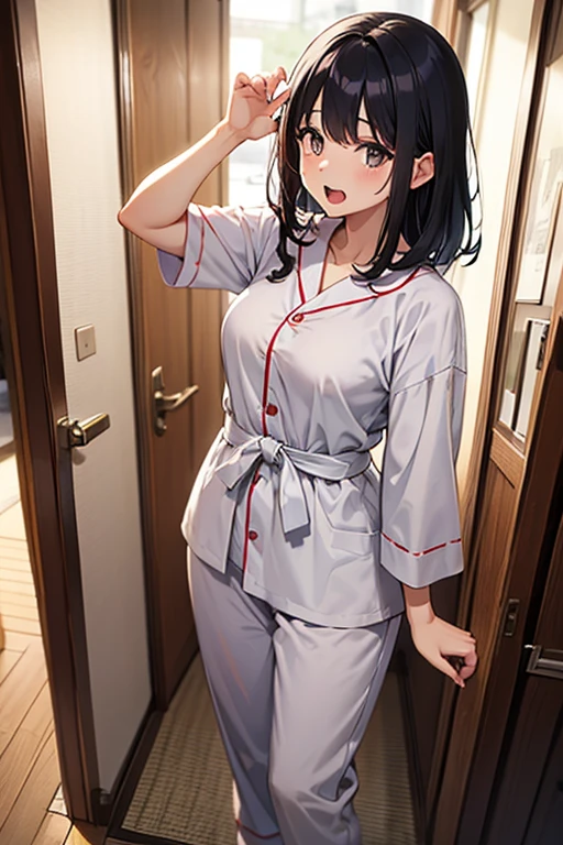 (​masterpiece、top-quality、hight resolution、Unity 8k Wallpaper、extremely details CG:1), In a dimly lit hotel room, standing before her is the  she is about to have  with, and she immediately recognizes him as the delinquent girl who used to bully her in school. Her expression is a mixture of surprise and amusement as she realizes his true identity. She stands with one hand on her hip and a mischievous smile on her face, clearly enjoying his discomfort. The room is simple, the bed, nightstand, and dim lighting creating an intimate yet tense atmosphere. The focus is on the woman's  expressions and body language, highlighting the awkward and unexpected reunion. 