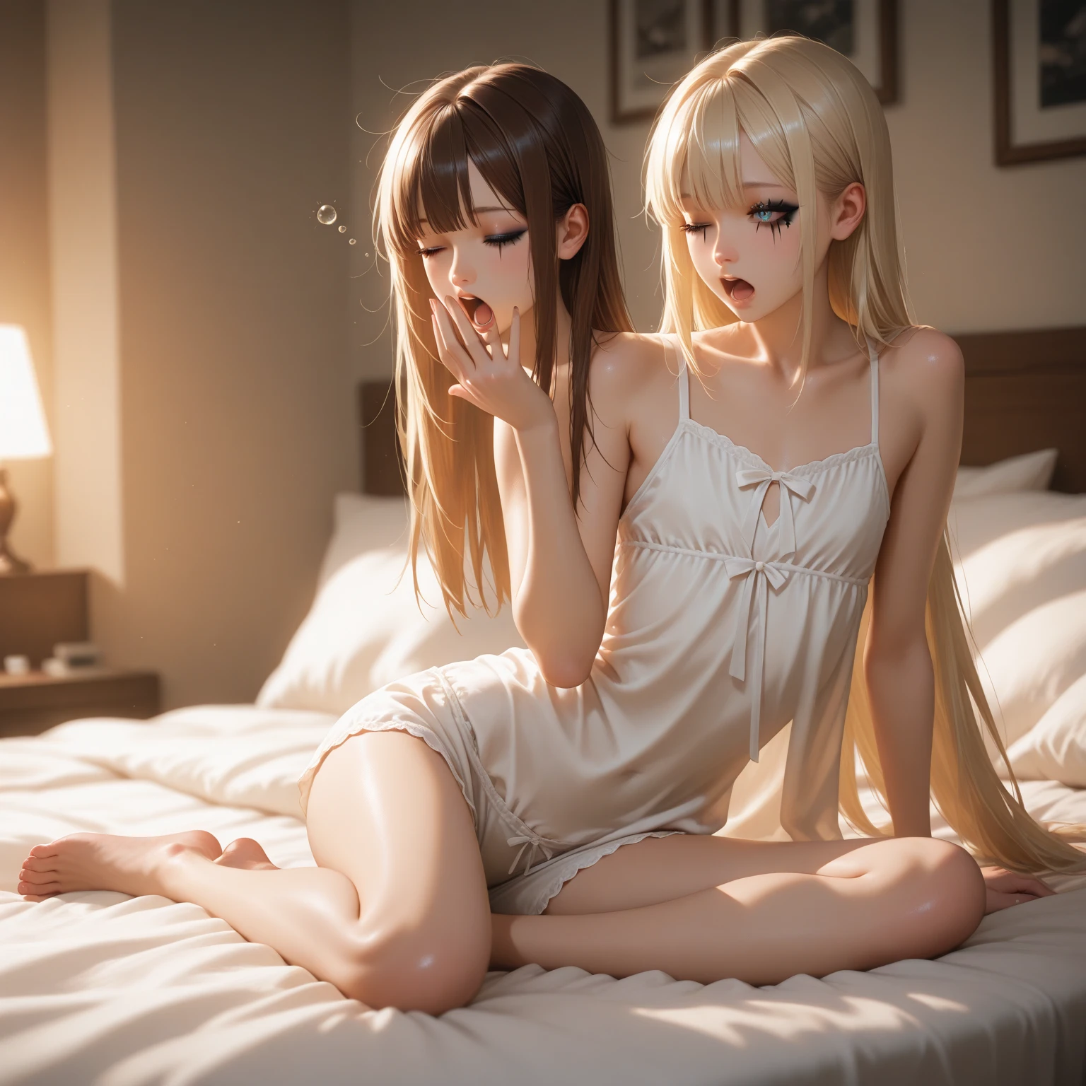 (2Man Woman)、masterpiece、top-quality、realisitic、(One of the people in the photo:1.3)、(Alone:1.3)、(japanes)、(Woman on the left and right)、(Super large udder:1.9)、(big breasts:1.5)、(Whippy body)、Soft skin、sensually、(Glamorous)、a baby face、(Looking at the camera)、(Looking at the camera)、Full view、(Mother and daughter)、(Paternity)、(stick out chest)、(Wet body)、erotic posing、(sexypose)、(Very young)、(kawaii)、(Kamimei)、Gentle eyes、、Pampering Pose、glad、natural make up、Glossy lips、(Throwing kisses)、(light smile of temptation)、seductiv、(A smile)、short shoulder-length hair、white haired、enticing eyes、(drooing eyes)、Emphasizes cleavage、Fluffy jacket、Floral ornament、cleavage see-through、veils、lacy fabric,(((naked))),(((masturbate))),(((open legs))),(((lying))),(((nsfw))),(((a lot of cum))),(((play with her pussy))),(((fingering))),(((second women is touching first women pussy:1.9))),(((creampie))),(((fully naked))),(((anime cute face)))