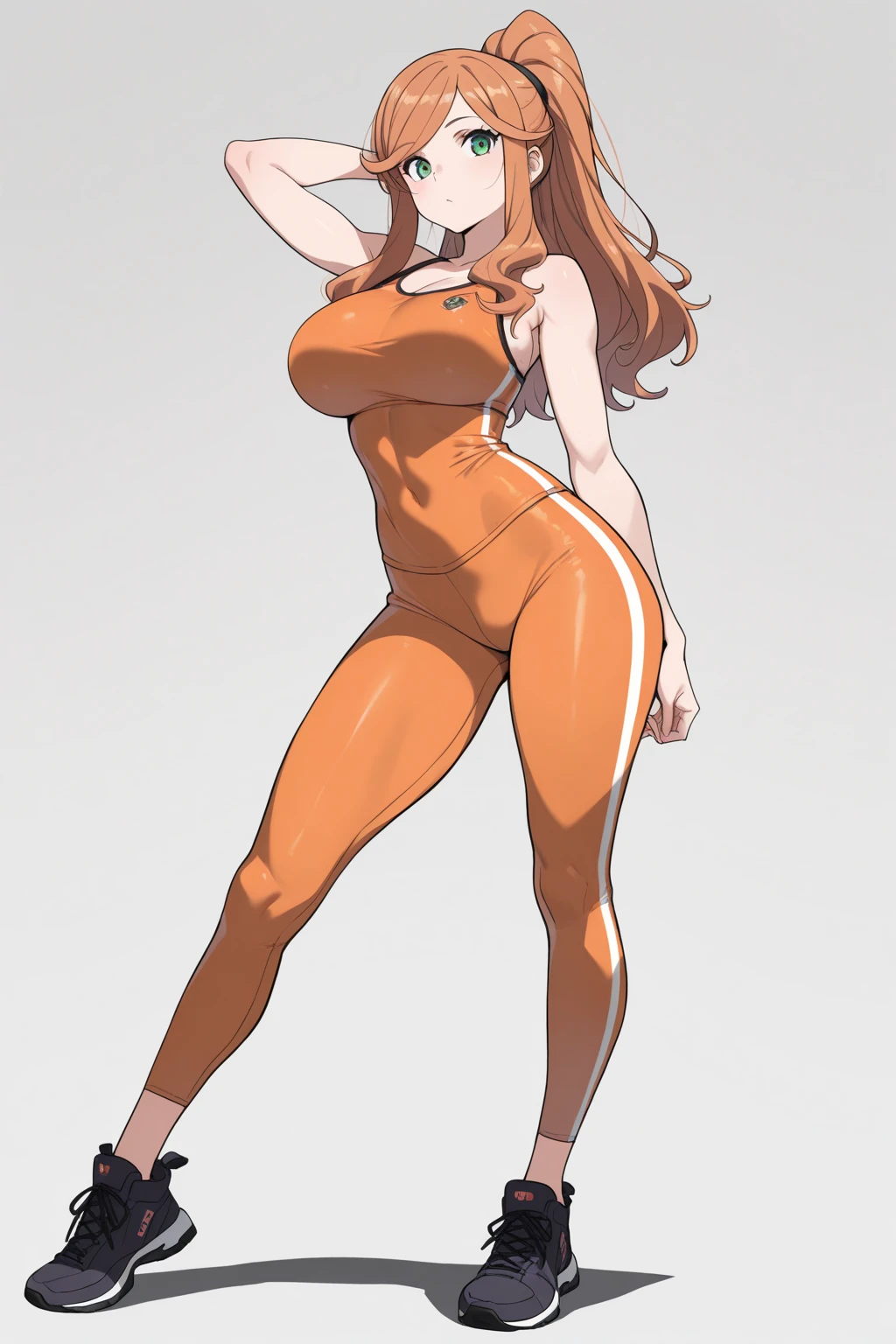 Front and back fullbody image of a beautiful barefoot  happy blushing brownhaired woman wearing a skintight bodysuit.