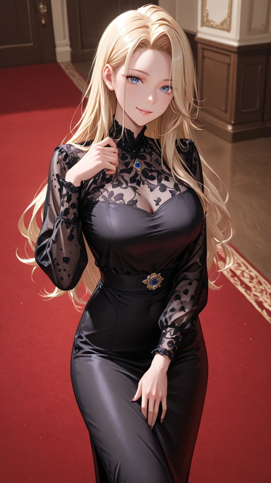((8K,High image quality High image quality、masterpiece:1.4))、1 person、、long blonde hair、gradient hair、Super Beautiful Demon Hunter、beautiful expression、red lips,beautiful eyes、Models with large breasts、perfect face shape(like the real thing)、黒と赤のsexyな外装、shiny black and red pants,With a large kissel,golden decoration,realistic proportions、dynamic pose、advanced details、sexy、intricate details、realistic eyes、realistic eyesのプロポーション、smile、32K、realistic lighting、extreme details、realistic student、realistic proportion eyes、realistic proportionsの生徒、realistic shadow、Evafee,ultra high resolution,Super realistic,sexyなポーズ,Close-up,