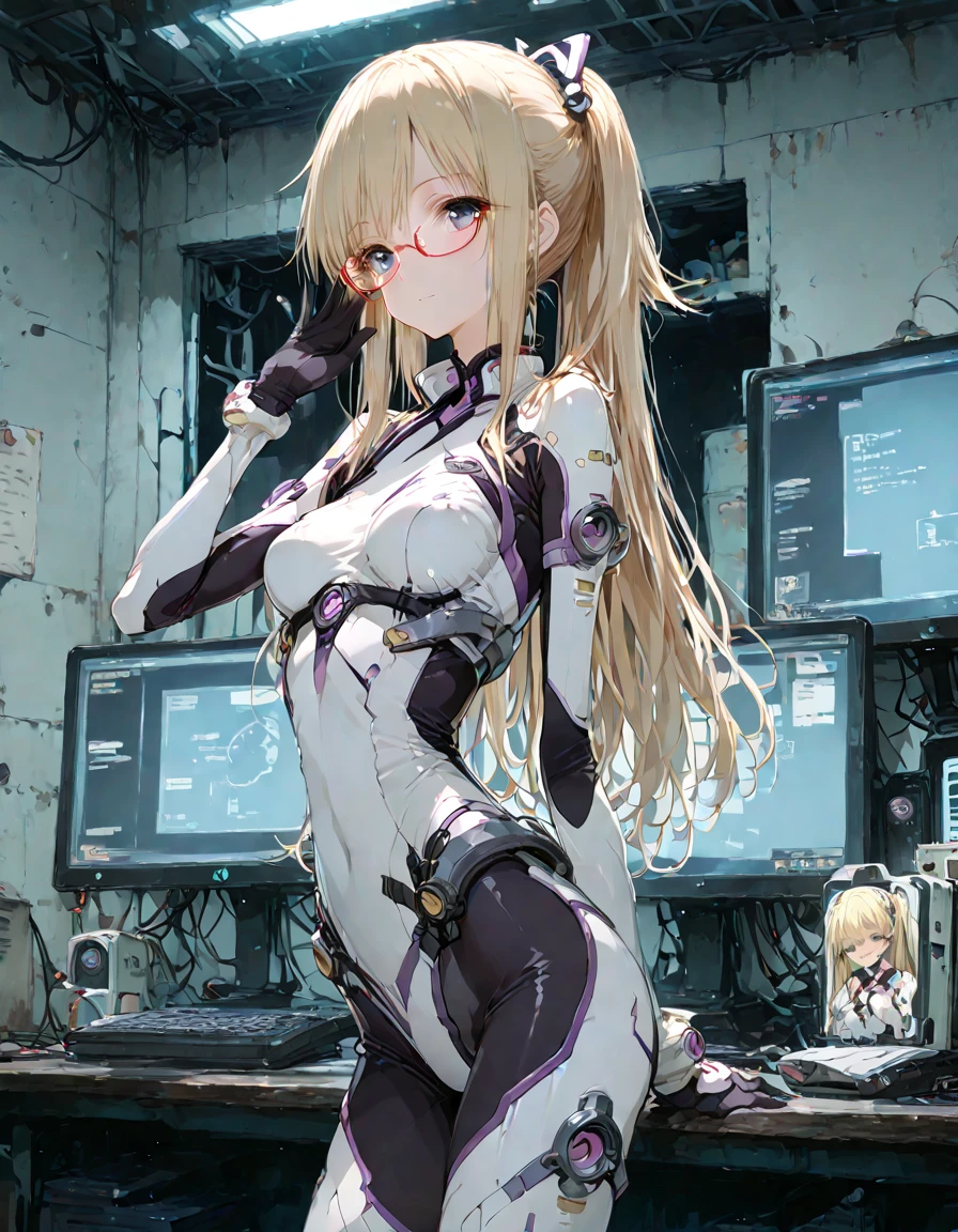 robotic arms, robotic legs, guns, gun, holding weapon, robot, mechanical arms, mechanical legs, tank, armor, sci-fi, cyberpunk, solo, 1girl, <lora:Nemesis 4:0.5>, red eyes, hair covering one eye, masterpiece, best quality, blond hair, glowing clothes, big armor, wires, cables, monitor