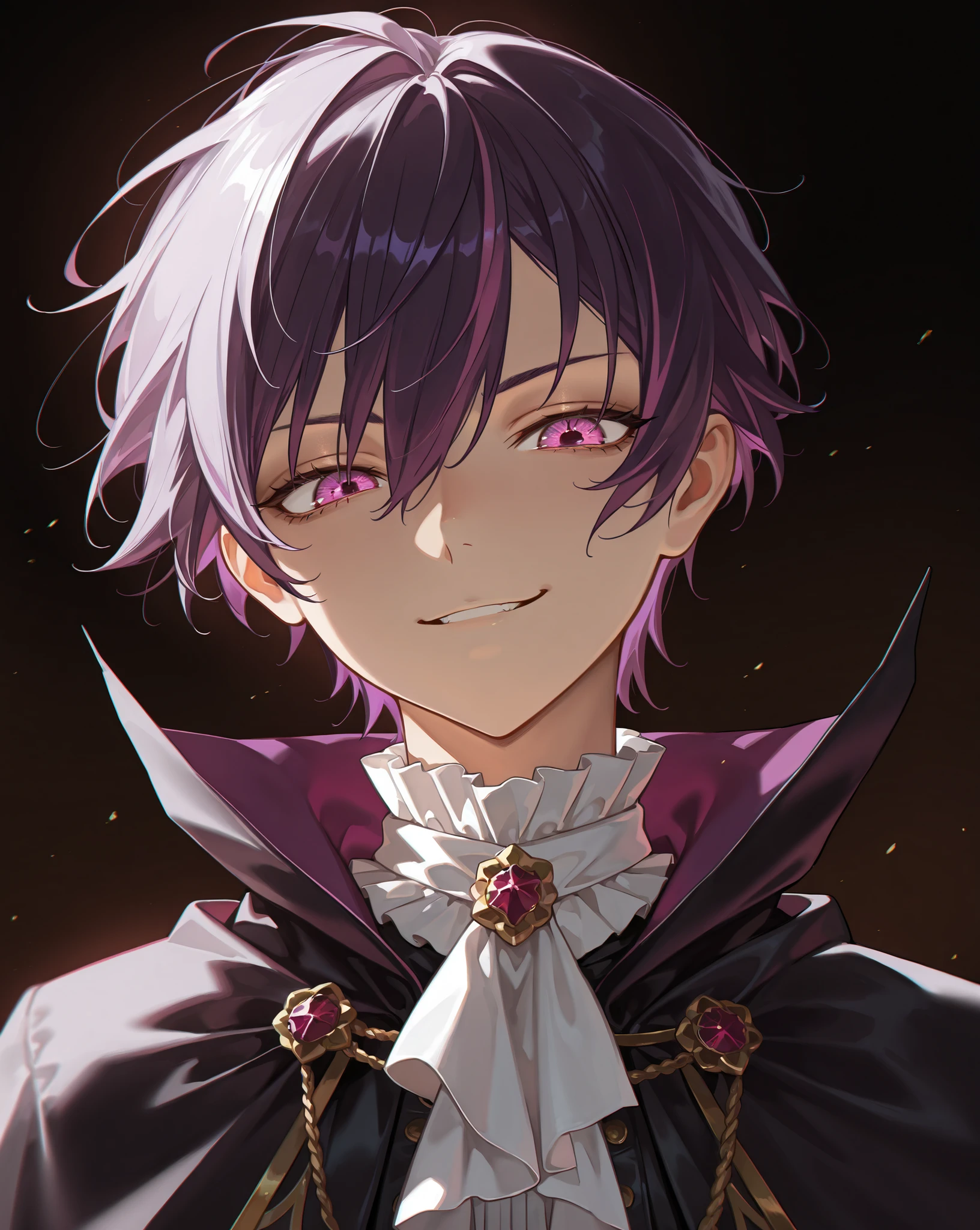 vivianZzz,(face focus, medium shot:1.22), dynamic pose, three quarter shot, looking at viewer, mature, (1girl:0.75), solo, effeminate, tomboy, masterpiece, best quality, amazing quality, very aesthetic, high resolution, ultra-detailed, dramatic lighting, absurdres, purple hair, streaked hair, tomboy hair, smirk, soft gaze, ascot, cape, narrow eyes, gothic lolita clothing, military lolita,