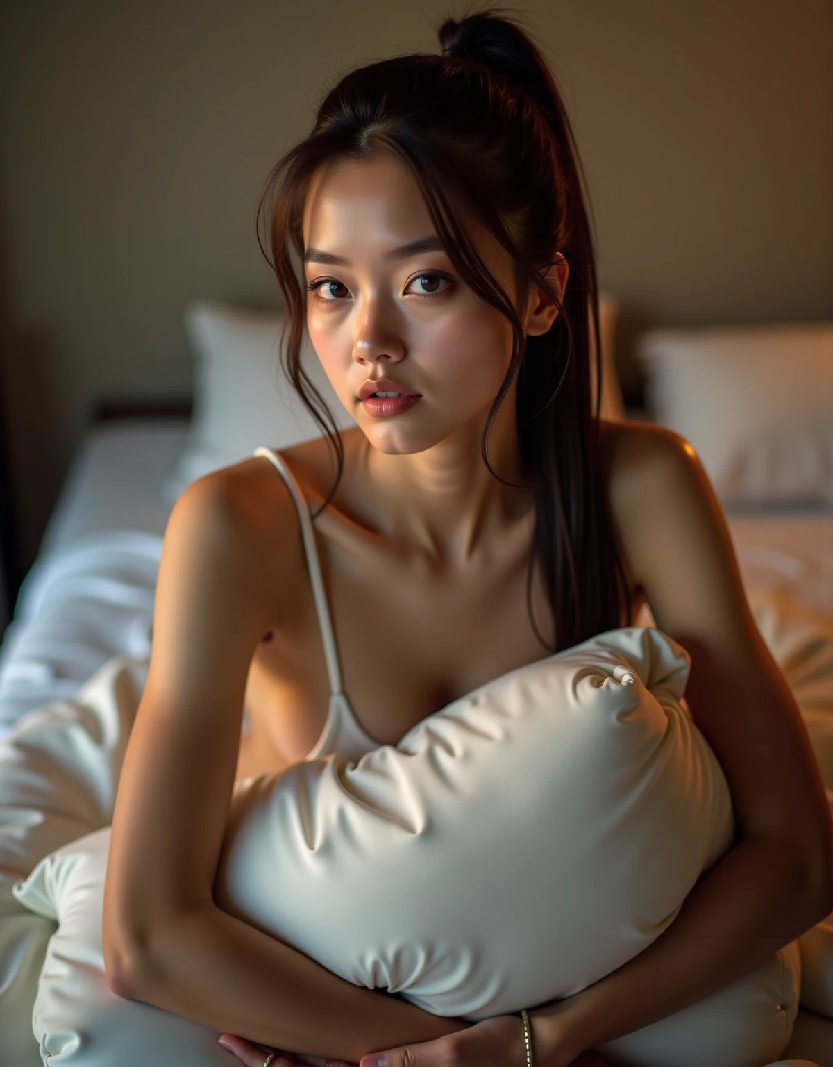 Realistic photography sharp focus, a girl from Indonesia is very beautiful, with a very big chest, wearing a thin white nightgown, lying on a bed, face drops of Sperm, fantasy atmosphere with magical elements, Very real, high contrast, high quality, full HD