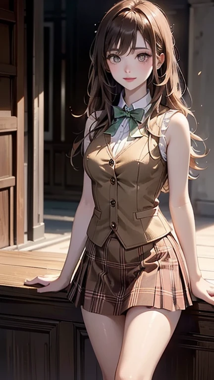 1girl, full body, solo, summer, village, trees, sun, clouds, ((chestnutl hair)), long hair, twintail, large breasts, ((black blazer)), button down shirt, ((white shirt)), ((short sleeved shirt)), ((unbuttoned shirt)), unbuttoning buttons, cleavage 1:3, brown eyes, skirt, grin, looking at the viewer, standing, touching neck, hair ribbon, golden necklate, hands on hip