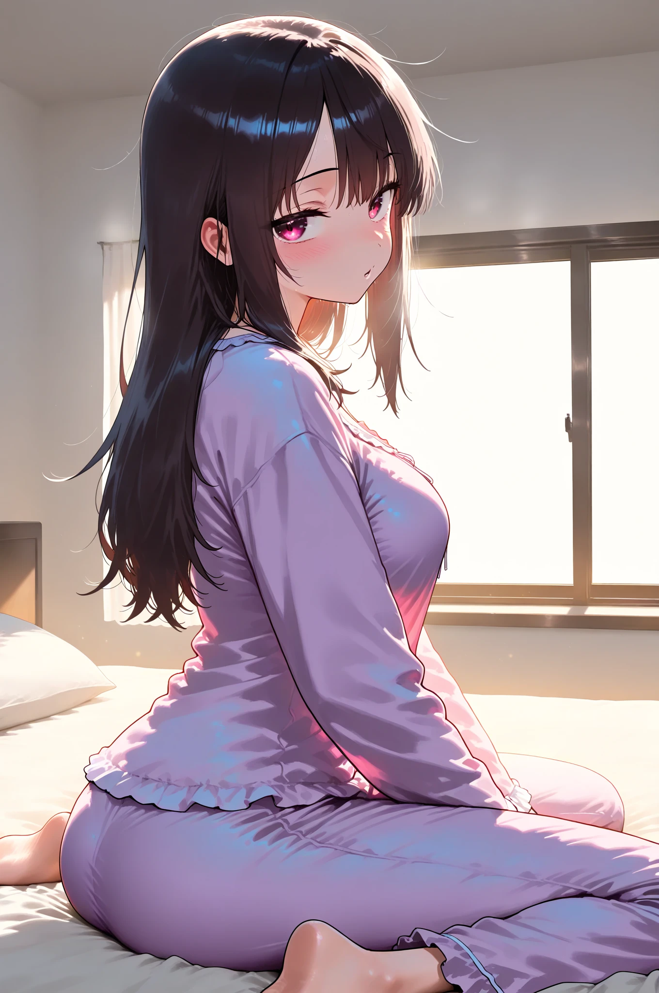 calm,(anatomically correct),(best quality),(masterpiece),(japanese girl), skin texture, solo,woman,(wavy hair,pink),(no panties),small breast, baggy shirt, (school uniform:1.2), barefoot, On bed,