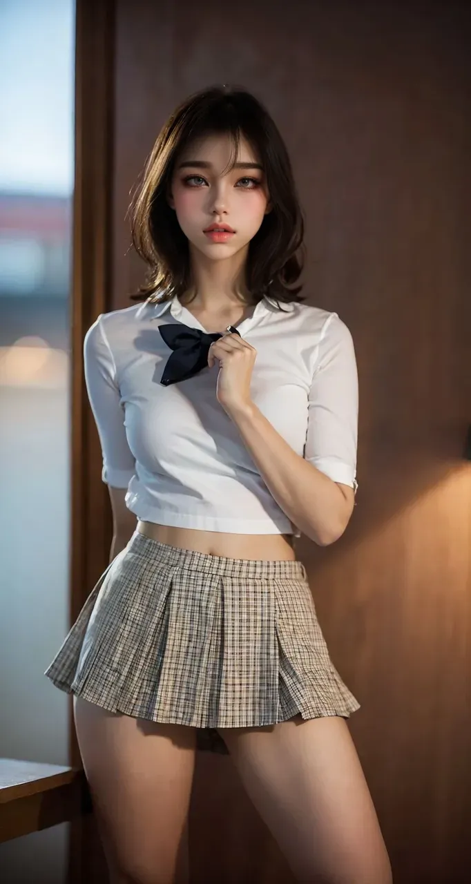 ((of the highest quality, 8K, masutepiece: 1.3, Raw photo)), Sharp Focus: 1.2, (1 AESPA Girl :1.1), Solo, (Realistic, Photorealistic: 1.37), (Face Focus: 1.1), Cute face, hyperdetailed face, short messy hair, small breasts, flat chest, full nude, (chiffon shirt: 1.1), (Roll up the skirt: 1.2), wind, standing, Classroom, Bokeh in the background, Cattleya