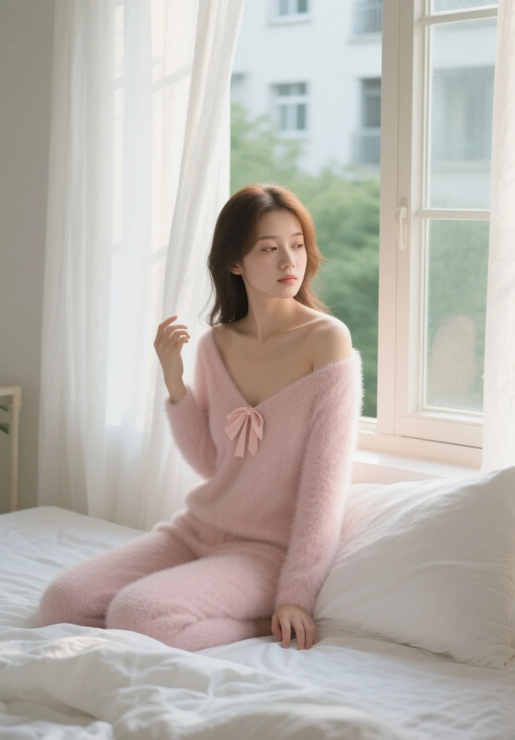 A beautiful woman standing, wearing ((sweater, pajamas)), pale skin, smooth pale skin, skin tune pink, perfect body, full body, detailed body, (( round big breast, small titts, big hips)), orange hair, ponytail hair, cute face, high quality, HD, 4k