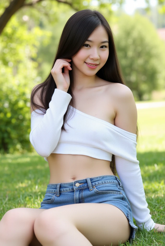 ((Top quality、8k、Master School:1.3、 (A girl in the forest), (1 cute korean stars,Large breast bulge) ,Long hair，, 32 inches chest size, Grey Camisole Vest, shorts,White shoes , Nikon, Ultra HD 1 Girl、slender beauty:1.3、Super detail face、Exquisite eyes、Double eyelids、smiling facial expression、(sexy pose)，whole body、brown hair、necklace，Tanned skin、20 years old、(a charming smile:1), (sexy pose)，White shoes
