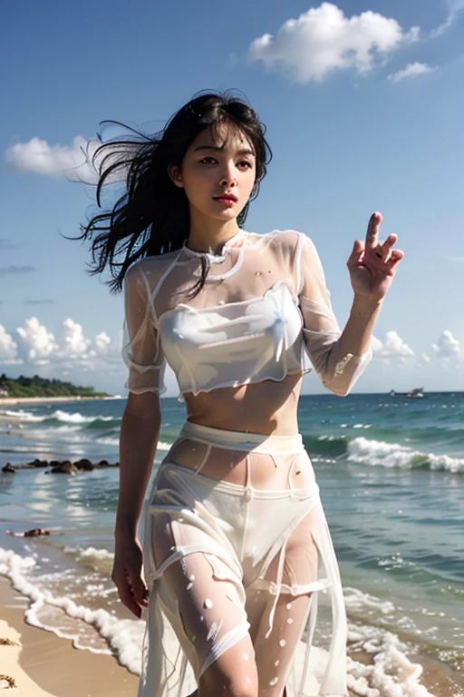 ((Sophie Tan:1.3)), a young and attractive Asian woman, standing knee-deep in the ocean on a tropical beach in Southeast Asia. She is wearing a ((wet, see-through white shirt and bikini bottom:1.3)) that clings to her body. Her hair is wet and slicked back, and she has a confident, seductive expression. The scene should highlight her ((curves and wet skin:1.2)), with the ((tropical water and sky:1.1)) in the background. Full-body shot with a slight tilt to capture both her alluring pose and the scenic background. The image should be ((ultra-realistic:1.3)), in ((8K resolution:1.2)), with ((high detail:1.3)) and a ((soft bokeh effect:1.2)).
