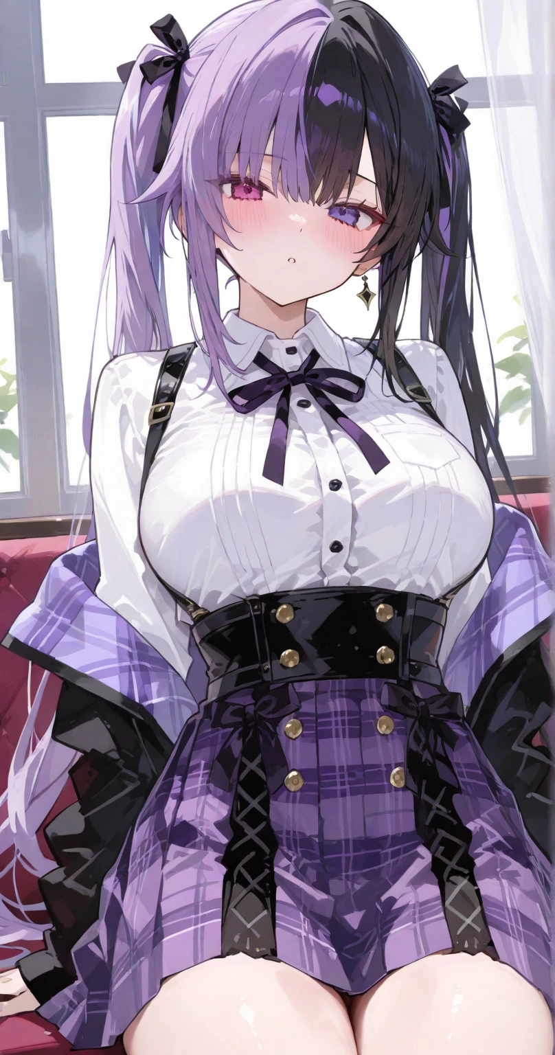 (Solo portrait of a girl1),(girl1),(woman1),(Solo portrait of a girl:1,5),(slender body),(structured),(hot),(mature and sexual body),(large ass), (mature body), (slender body), (physical attributes such as large breasts and ass), (anime), (black skin color: 1.5), (super mega hyper gigantic breasts: 1.5), (long purple hair), (purple eyes), (a black woman with white stockings),(wearing),+,(* **Dress:** Usually knee-length or below, with a cut that emphasizes the waist. * **Sleeves: **Long or short, and may have cuffs with details such as ruffles or lace:** Additional piece, usually with ruffles at the bottom and tied at the waist with details such as lace or ribbons * **Beanie or cap:* * A fashion accessory that can vary in style, from the simplest to the most elaborate (oxford or mary jane) are common choices. **Fabric:** * **Cotton:** As it is a breathable and resistant fabric, it is widely used. in work uniforms. * **Linen:** Another natural fabric, known for its durability and freshness. * **Lace:** Used for decorative details, such as collar, cuffs and apron. **Colors:** * **White:** The most common color, associated with cleanliness and purity. * **Black:** Often used for details such as bands, buttons and shoes, creating a contrast with white. **skirt** with white bottom and black top and a super short skirt that reaches the ass), (Super short skirt: 1.5)