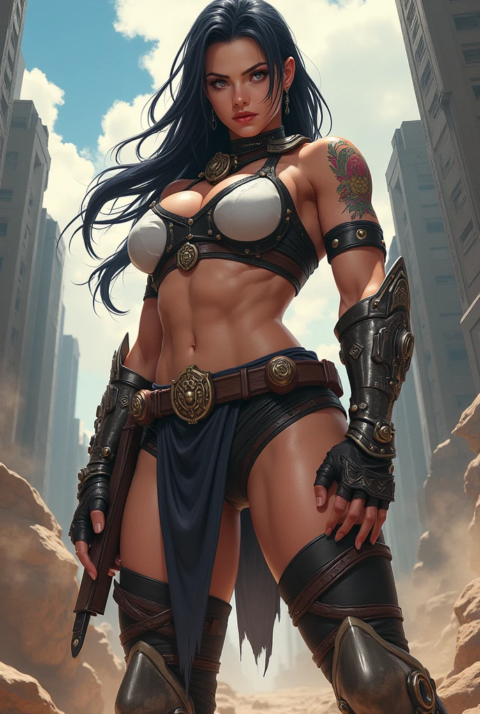 (masterpiece, best quality), outdoors, dark misty burning village, cowboy shot, 1girl, solo, Karlach, demon girl, colored skin, red skin, dark skin, full body, armor, armored pants, holding axe,