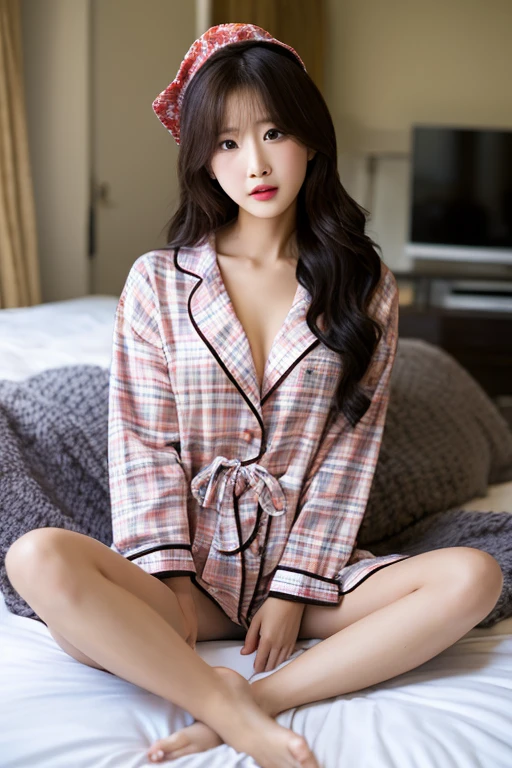 Close-up shot of beautiful korean female, 34 inch breasts size, brown wavy hair, wearing crop pyjamas, reading book, on sofa, UHD