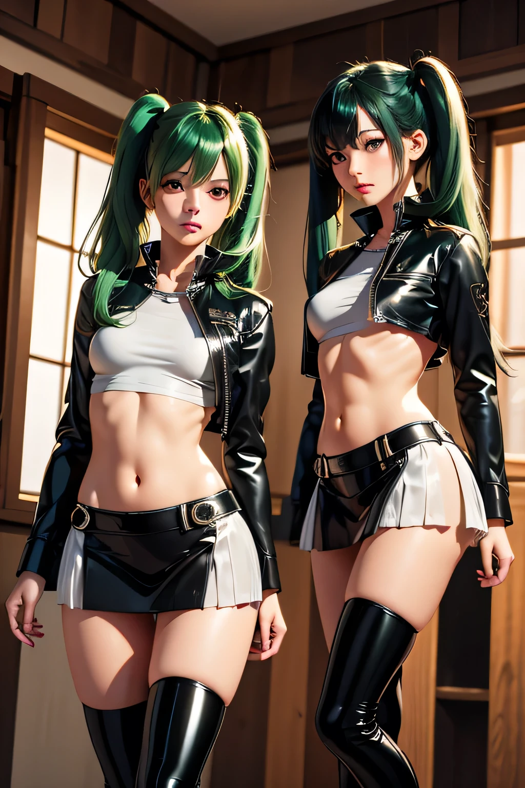 ((1girl)), one 21 year old girl,
long green hair, big eyes, sweet smile, small breasts, thin hips,
glasses, choker collar, unzipped black jacket, green bra, green panties,
record store, records, vinyl,
open door, open window,
dramatic lighting, cinematic lighting,