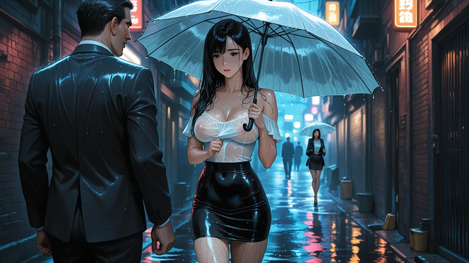 ((nsfw)),(gigantic breast:1)),(masterpiece, best quality),((high resolution 4k)), 1lady, solo, black shorthair, loose waves,pony tails,wet body,water drops on her body,sitting on the ground,in the city.wet transparent cloths,sheer black short sleeve t shirt,black short jeans,front view,dynamic camera