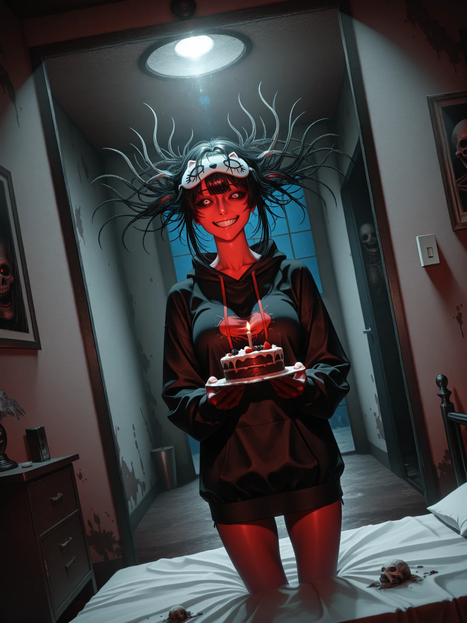 [topic]кадр в стиле horror киберпанк, creepy girl wakes up in bed
[character] a woman with electric hair,  woman in bed, a demon of shadow crawls out of the basement, bone and brain demon
[action] serious expression、brought a bloody bone cake to her neighbor、majestic standing figure、Grin, holding a sleep mask in her hands ,looks at the audience、dutch angle, extends hands to spectators, yawns | 
[environment] on the bed、night background|
[style] horror masterpiece, horror、sweatshirt of the highest quality {x}、ultradetail、high definition, view through a peephole