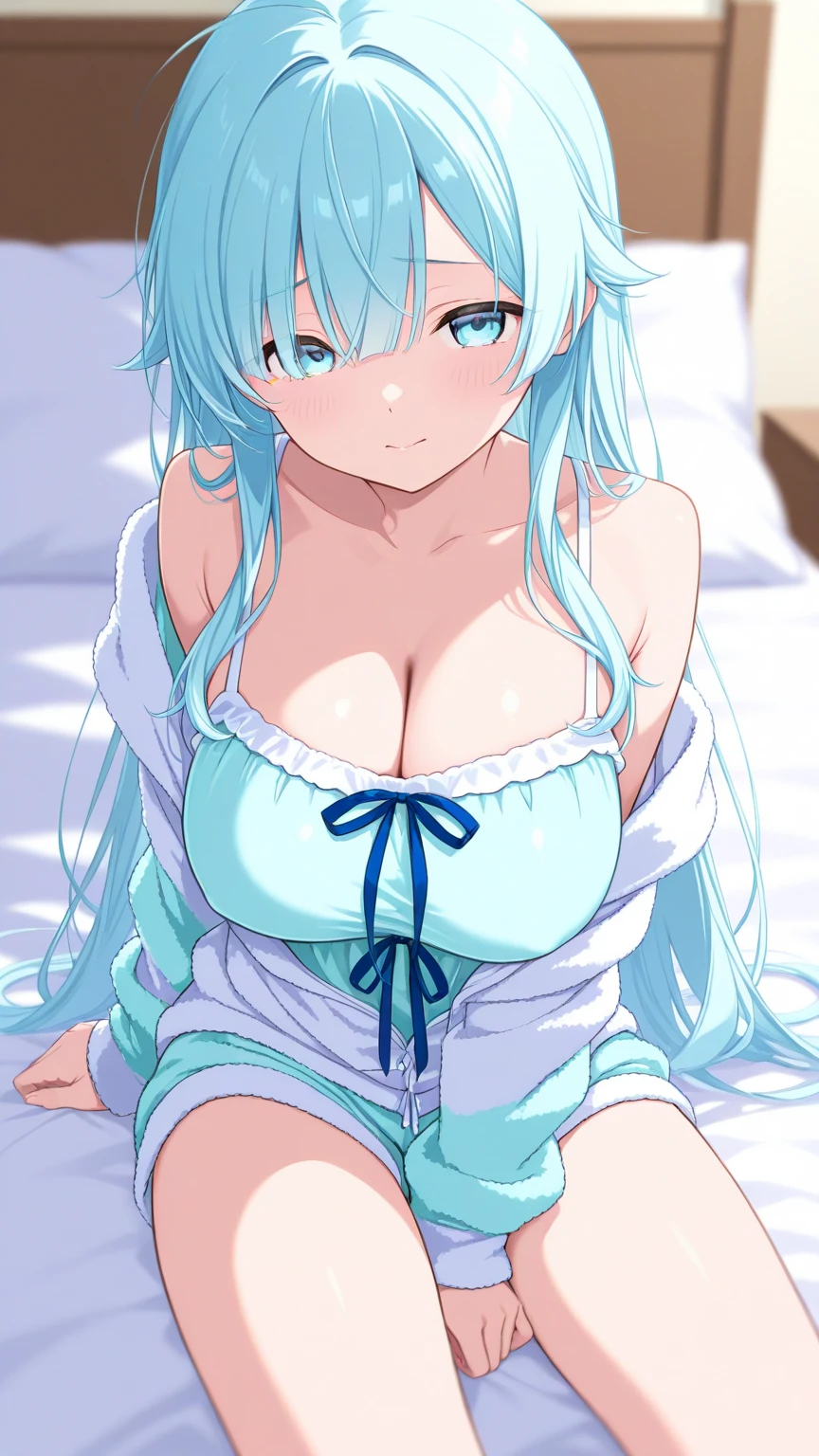 (masterpiece, best quality:1.2),
1girl, solo, sitting, wariza, on bed, chemise, lingerie <lora:chemise:.7>
nya lapucea, half updo, purple eyes, large breasts <lora:NyaAnge:.7>
smile,