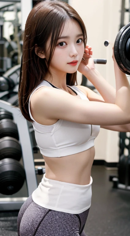 table top, highest quality, shape, Super detailed, finely, High resolution, 8k wallpaper, 完璧なダイナミックな構shape,30 year old beautiful woman,sexy,Japanese、short cut hair、stretch at the gym