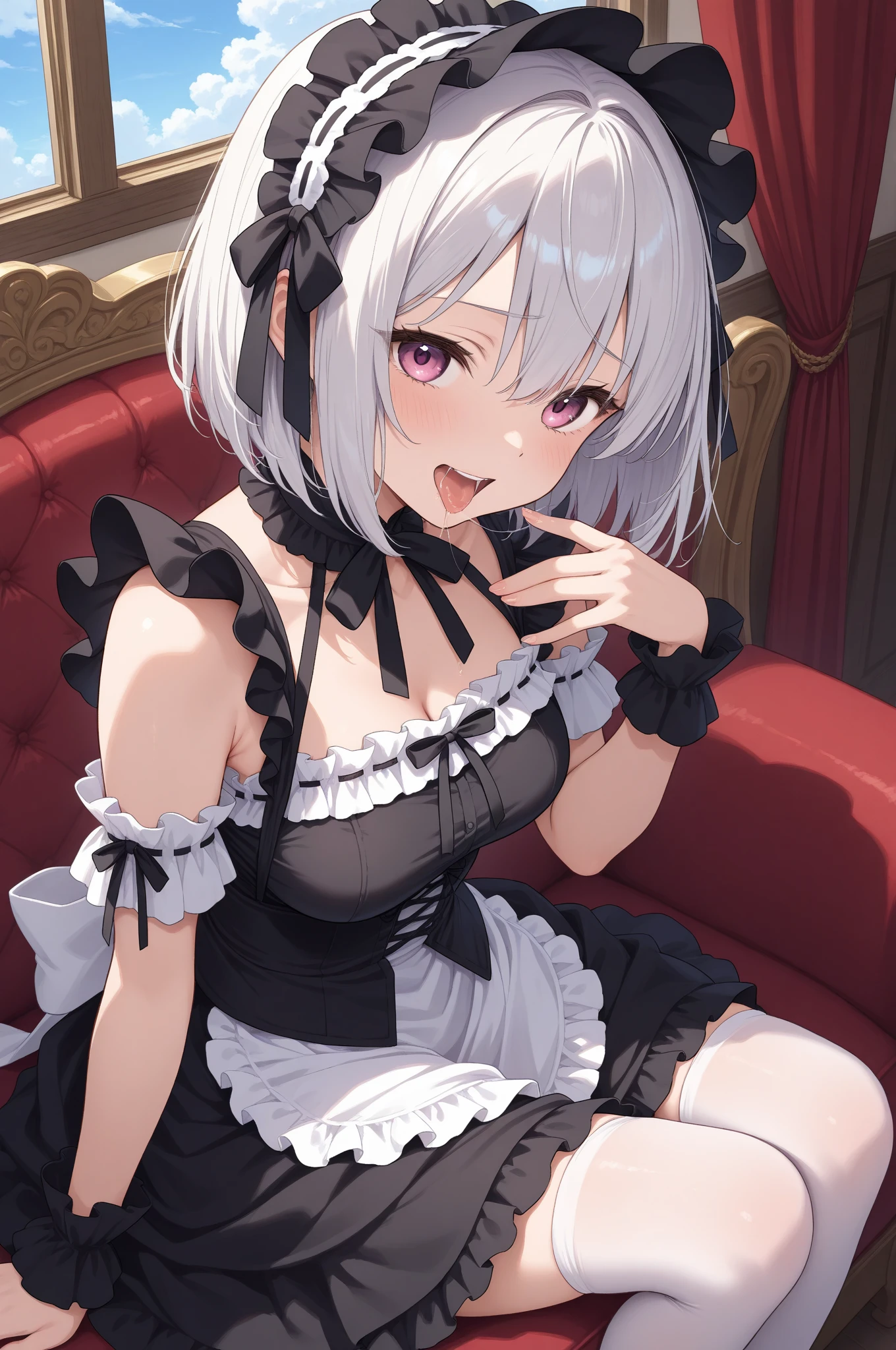 (A masterpiece of image quality in 8K),(from below:1.2),(Beautiful Allafed Woman),(((emphasizing breasts:1.0))),(Dynamic angles),(Dynamic and sexy bending pose:1.3),(sit a chair:1.3),(Short hair in shiny silver and orange inner colors,(perky chest:1.1), (pointed chest:1.3),small full breasts,Disturbance of clothing due to movement,breast slip,(Ponytail twisted buns adorned with elaborate braids and beads,Braided Setup Fishbone Hair,),(see-through bangs),small breasts、(((A white lace apron that shows your bare skin from under your small breasts)))、Blush with embarrassment、Enraptured eyes、A smile that beguiles the viewer、(Look back:1.2)、Look into the photographer,skin glistening with sweat,gazing at viewer,,(Professional Lighting),(8K,masutepiece,top-quality,Ultra-high resolution output image,),(Ultra HD with complex detail image modes),depth of fields,Beautiful hands,Beautiful fingers,Detailed finger features,(Detailed hair features:1.7),detailed facial features,detailed clothes features,
