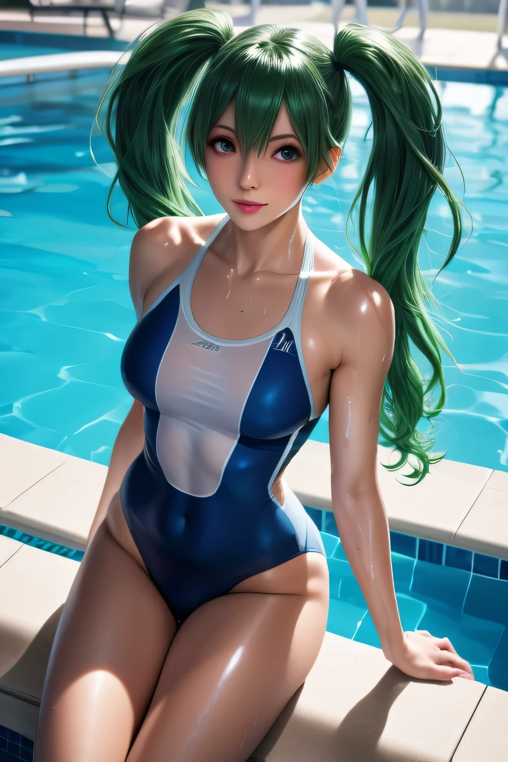 (high resolution, full body, soft skin:1.2),(best illustration,masterpiece:1.2),ultra-detailed,[(cat ears , aqua blue inside:1.2, blue twin tail hair, aqua blue eyes, cat eyes, tan skin),vivid colors,sharp focus, sun lighting,bokeh, wearing a red plaid swimsuit, smiling, back turned 