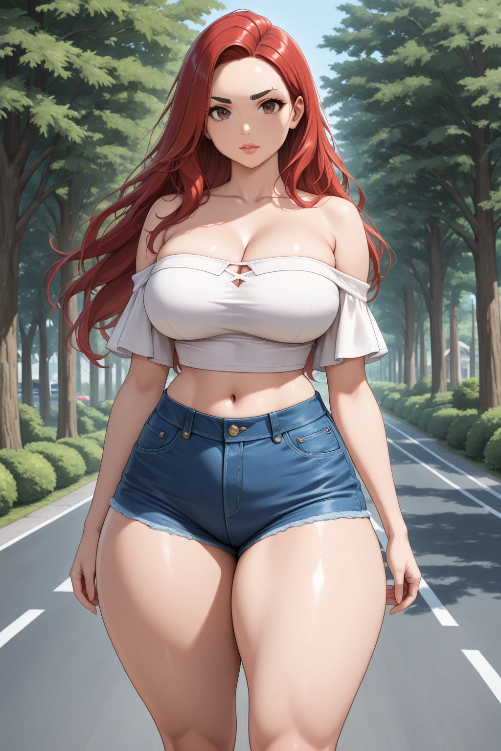 Beautiful anime woman, solo, anatomically correct, red hair, straight hair, long hair, beautiful green eyes, lustful expression, seductive expression, confident expression, cheerful expression, huge breasts, immense breasts, immensely large breasts, small waist, wide hips, juicy thighs , wearing a strapless white shirt, bare shoulders, cleavage, naked waist, extremely short jean shorts, white sports shoes, full body picture, park background, 8k, best quality