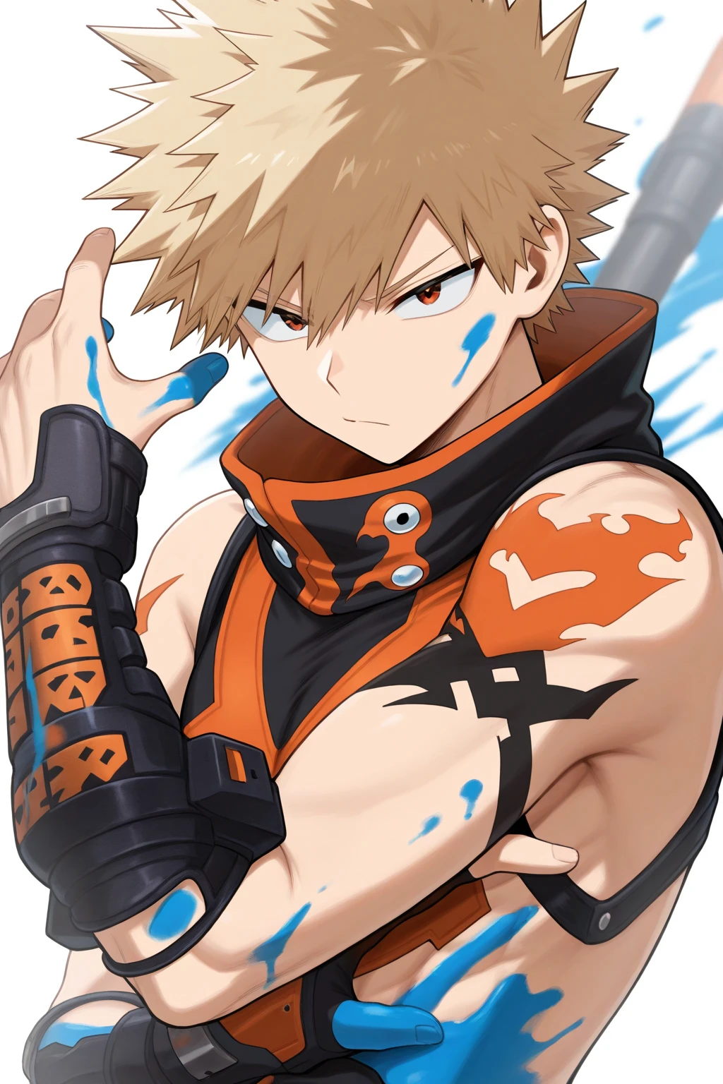 Katsuki Bakugo from 'My Hero Academia' in high quality, with a dark and personalized theme. Show him in an aggressive pose, with dark and intense explosions coming from your hands. Capture his fierce and determined expression, highlighting the details of your hero uniform, including the big grenades on the arms.Use a dark, dramatic background, like a devastated cityscape or a stormy night with dark clouds and lightning. Add deep shadows and strong contrasts to highlight Bakugo's intense, menacing aura, highlighting your explosive energy and power in a dark environment