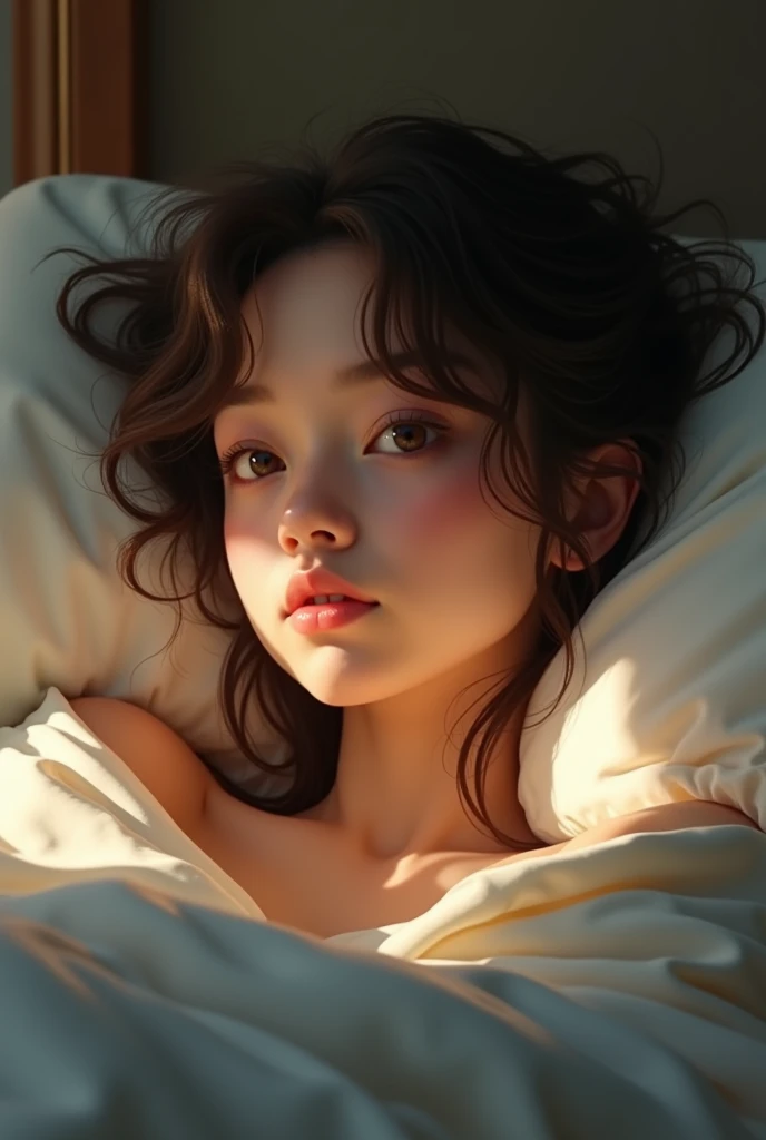 a sexy girl lying and a yellow blanket on her lap, 1 girl, sleeping, brown hair, eyes closed, pillow, lying down, blushing, hair ornament, alone, sideways, sexy transparent nightgown, sex sex sex( best quality, masterpiece, ultra detailed, illustration 1.2), (8K wallpaper), (beautiful detailed eyes 1.2), beautiful, amazing and detailed eyes, (detailed skin) (simple oil painting in the style of Bill Sienkiewicz)
