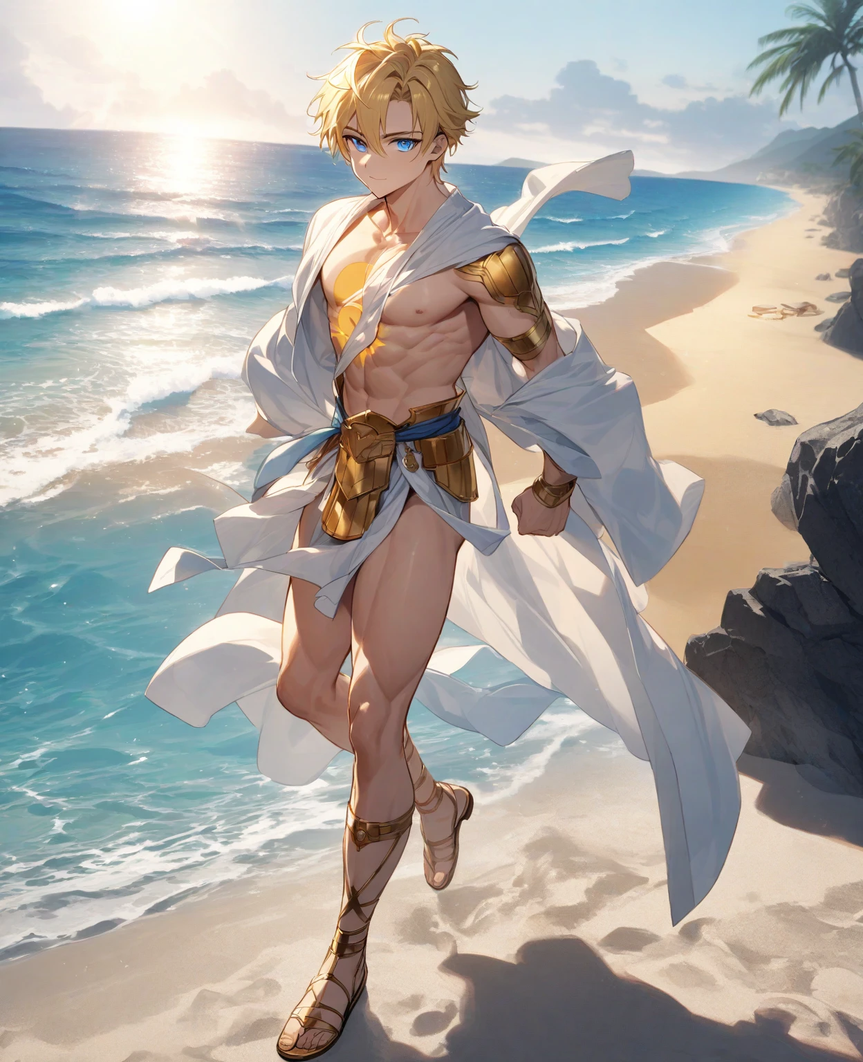 (FF pee), 1 male, effeminate, Vaan wearing cropped top and leather skirt, showing off panties, in the shade of a coconut tree in the desert