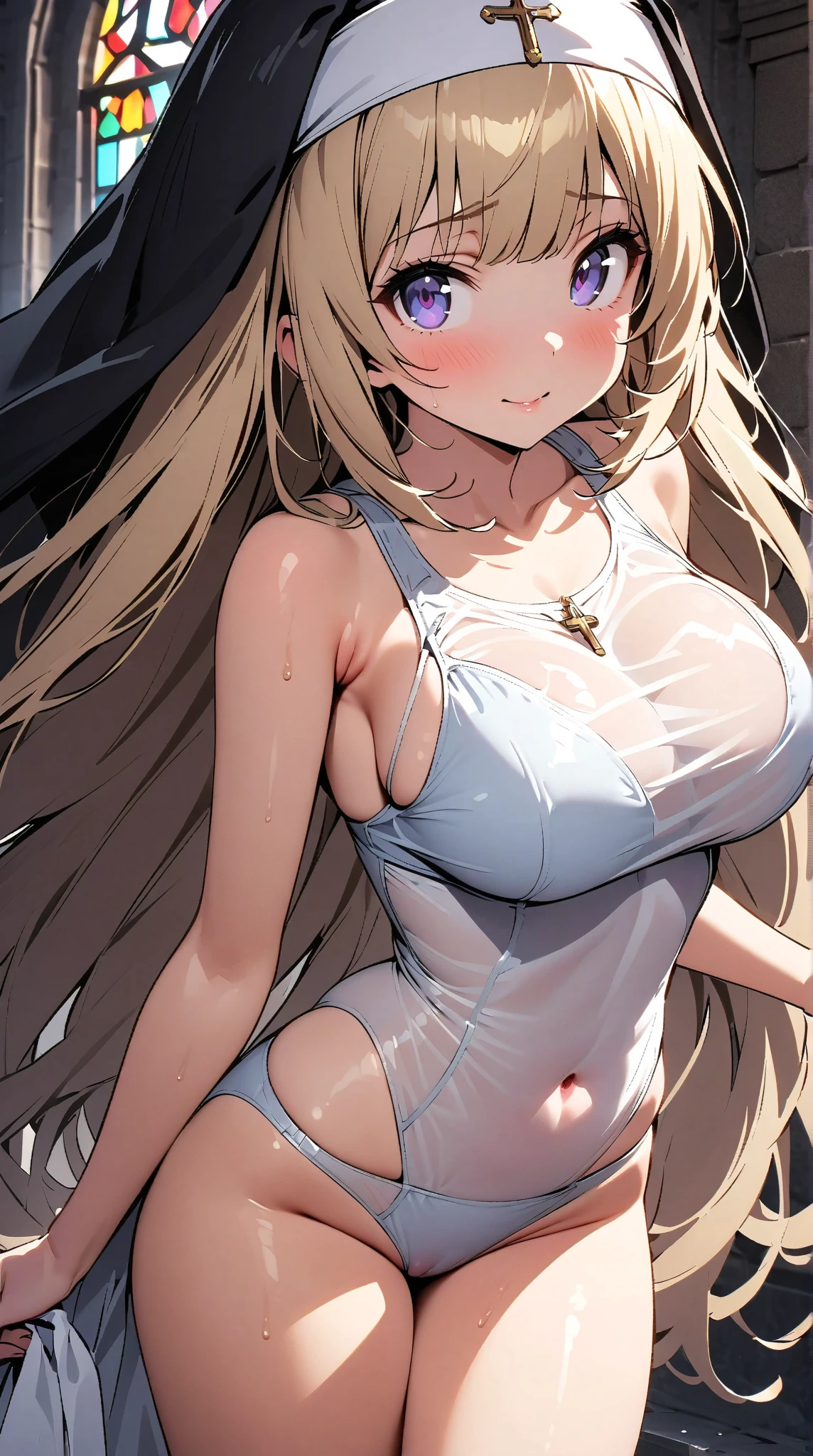 long blonde hair, vacant eyes, open mouth, expecting eyes, happy,kneeled, ragged clothing, no thoughts, large breast,piercing blue eyes, young woman,