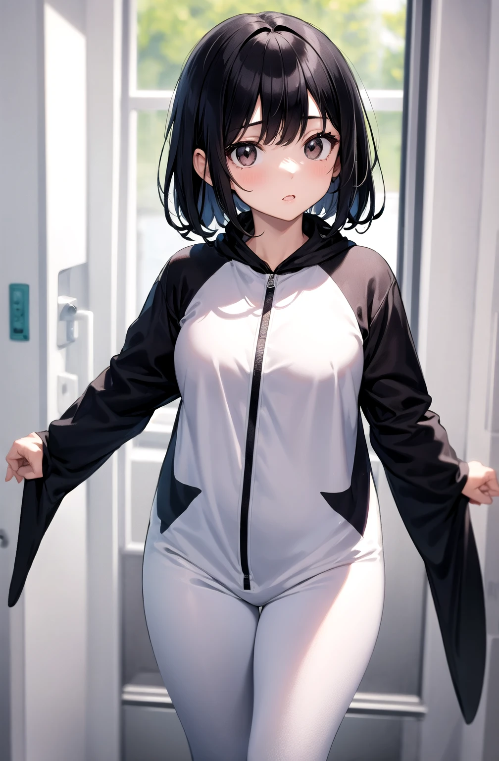 Masterpiece, top quality, ultra-definition, beautiful definition, one girl, solo, 15-year-old female, standing straight, full body, white body suit, white rubber suit, black eyes, deep blue hair,bun hair,at her room