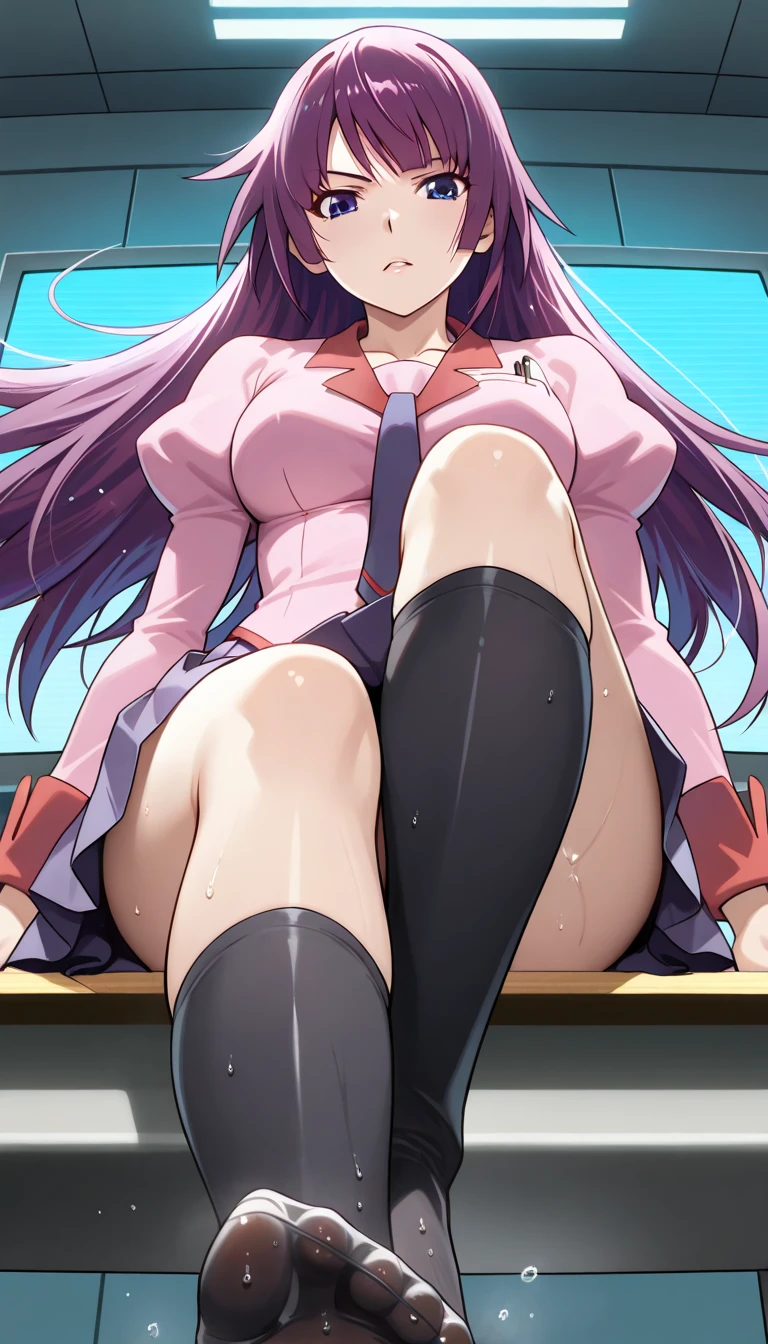 32k, best quality, ultra high res, HDR, UHD, extremely detailed CG unity 32k wallpaper, (cute gal), classroom background, peer in from below, ultra quality hair, pink hair, navy sailor suits, beige cardigan, ultra quality eyes, purple eyes, smile, side ponytail, showing panties, sit on a chair with your legs spread,