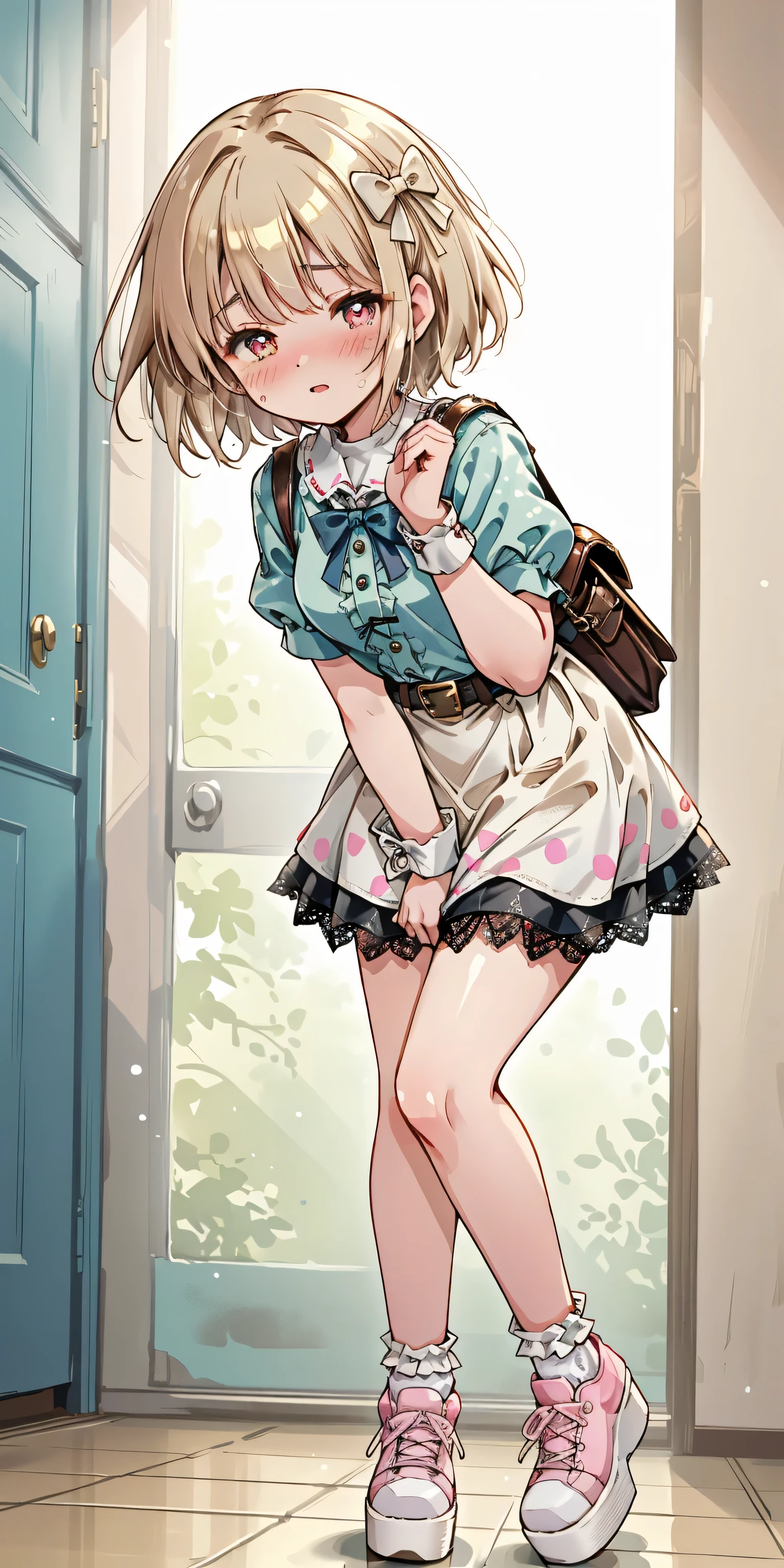 (8K, ultra-detailed, best quality, anatomically perfect body), (full body), (small breast:1.3), shiny skin, (Various girls), girls from 15 to 25 years old, bladder full tank, (have to pee:1.1), (urge to pee:1.4), (only one person peeing self:1.1), Pee flowing in the thighs, (very desperate to pee:1.2), (takes to bathroom entrance), (waiting for bathroom with line of girls in queue), (standing), (Each one has a different maxi Lolita dress:1.4), (Each one has a different footwear:1.1), (Each one has a different hair), (knees together and feet apart:1.3), (Rub each other's thighs:1.3), (leaning forward:1.2), one hand between legs, (skirt lift:1.2), (holding the crotch:1.4), (stroking own abdomen:0.9), (stroking one's own thighs:1.1), (orgasm:1.2), (blush:1.4), (embarrassment1.6), (impatience:1.3), (flustered:1.3), (fidgeting around), (flowing sweat), (erotic body twist:1.5), (panting:1.4), (breathless:1.3), closed eye, (parted lips:0.7), (refreshing:1.3), Excitement, (looking away), (crisis:1.4), (from side:0.8), (from below:0.8),
