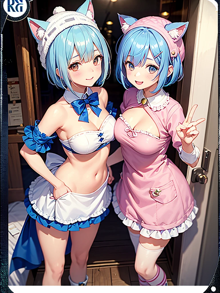 rem,re zero, Blue hair, Short bob hair, large breasts, navel, virgin_killer_sweater, ((cowboy shot)),
masterpiece, best quality, ultra-detailed, 
(Create a card with a frame) (Familiar faces) Soul card, cat girl wearing a white cat hat, progenitor, symbolic, enchanting, bright, graceful, energetic, small body, apron dress, hair bell, short Hair, animal ears, cat boots, glitter, peeking at me from the shop door (cat ear hat: 1.5), smile, epic, celestia, fantasy world, cute world.
