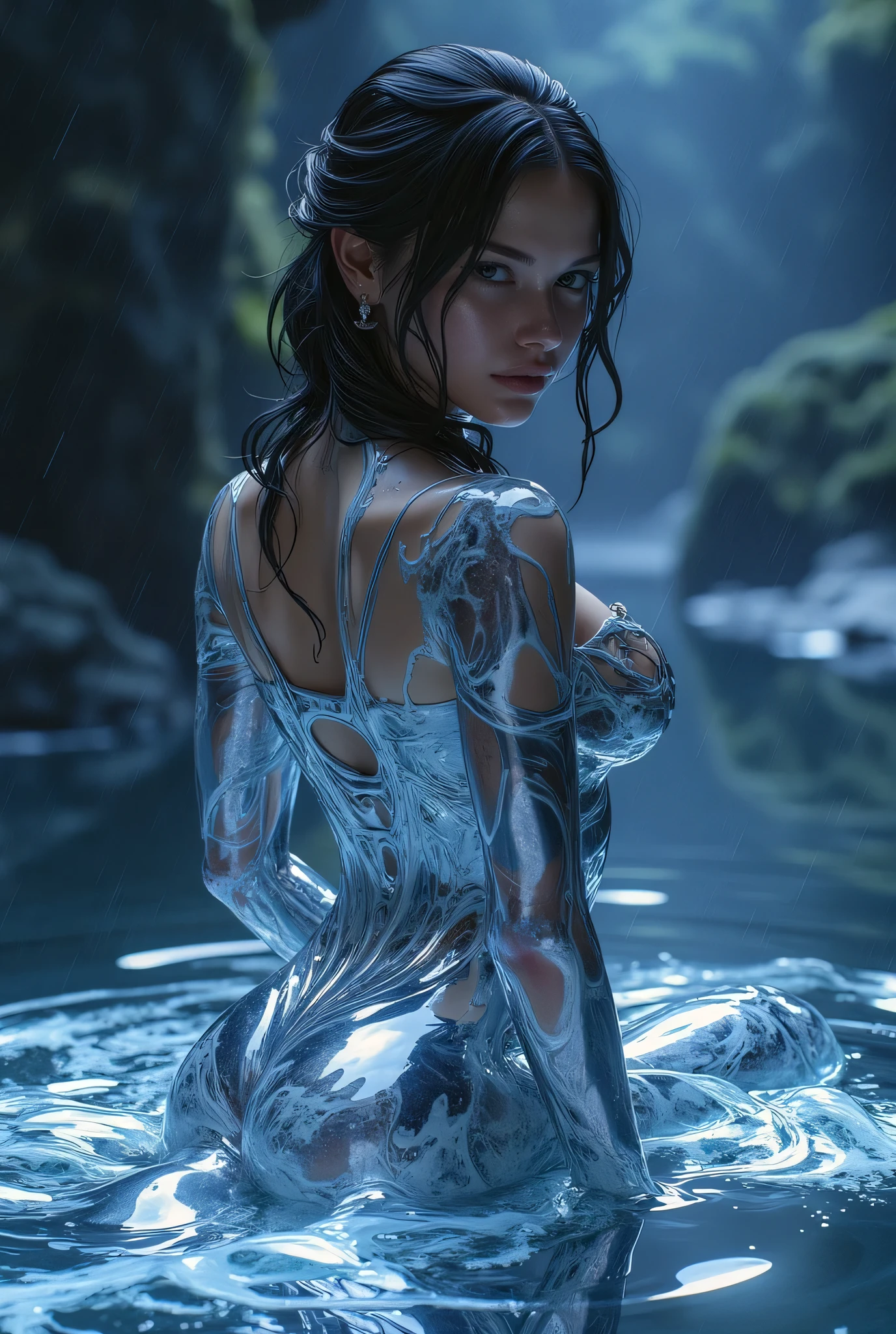 Liquid Mercury female, sexy, seductive, high detail, masterpiece.