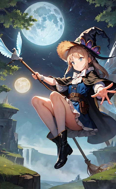 masterpiece, best quality, ultra-detailed, illustration, 1girl, solo, fantasy, flying, broom, night sky, outdoors, magic, spells, moon, stars, clouds, wind, hair, cape, hat, boots, broomstick, glowing, mysterious, enchanting, whimsical, playful, adventurous, freedom, wonder, imagination, determination, skill, speed, movement, energy, realism, naturalistic, figurative, representational, beauty, fantasy culture, mythology, fairy tales, folklore, legends, witches, wizards, magical creatures, fantasy worlds, composition, scale, foreground, middle ground, background, perspective, light, color, texture, detail, beauty, wonder